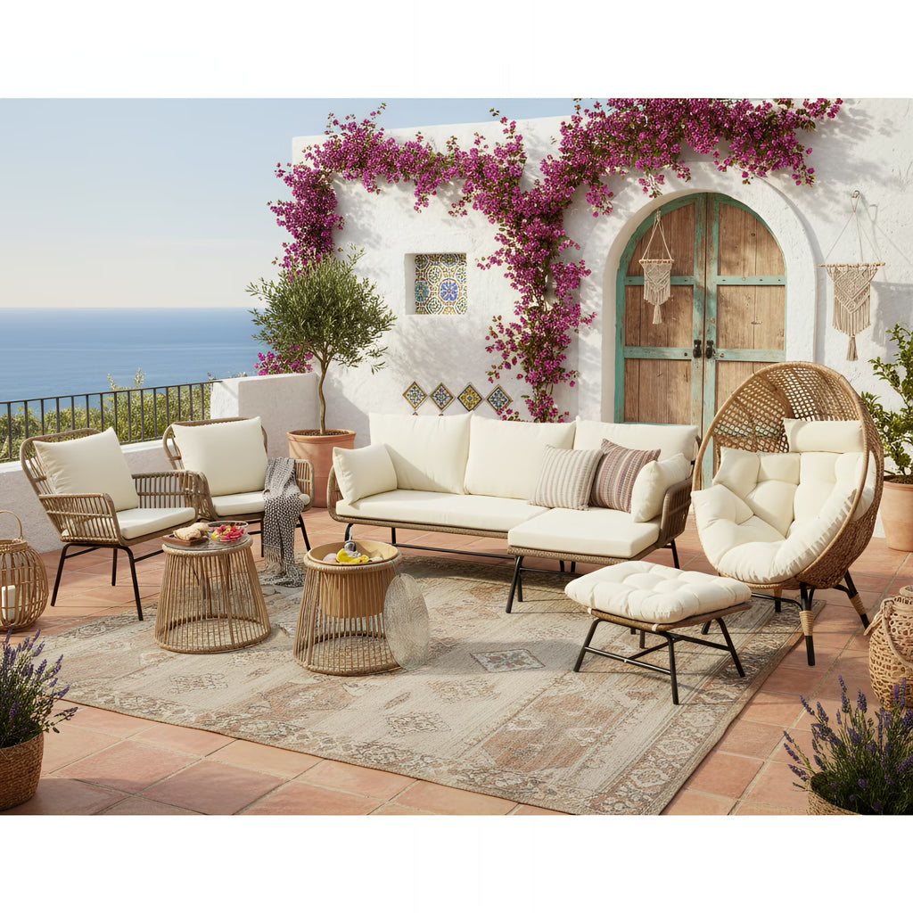 RADIATA 6-Piece Boho Patio Furniture Set, Outdoor Wicker Sectional Sofa Conversation Set with Ice Bucket & Coffee Table, 500lbs Capacity, Beige
