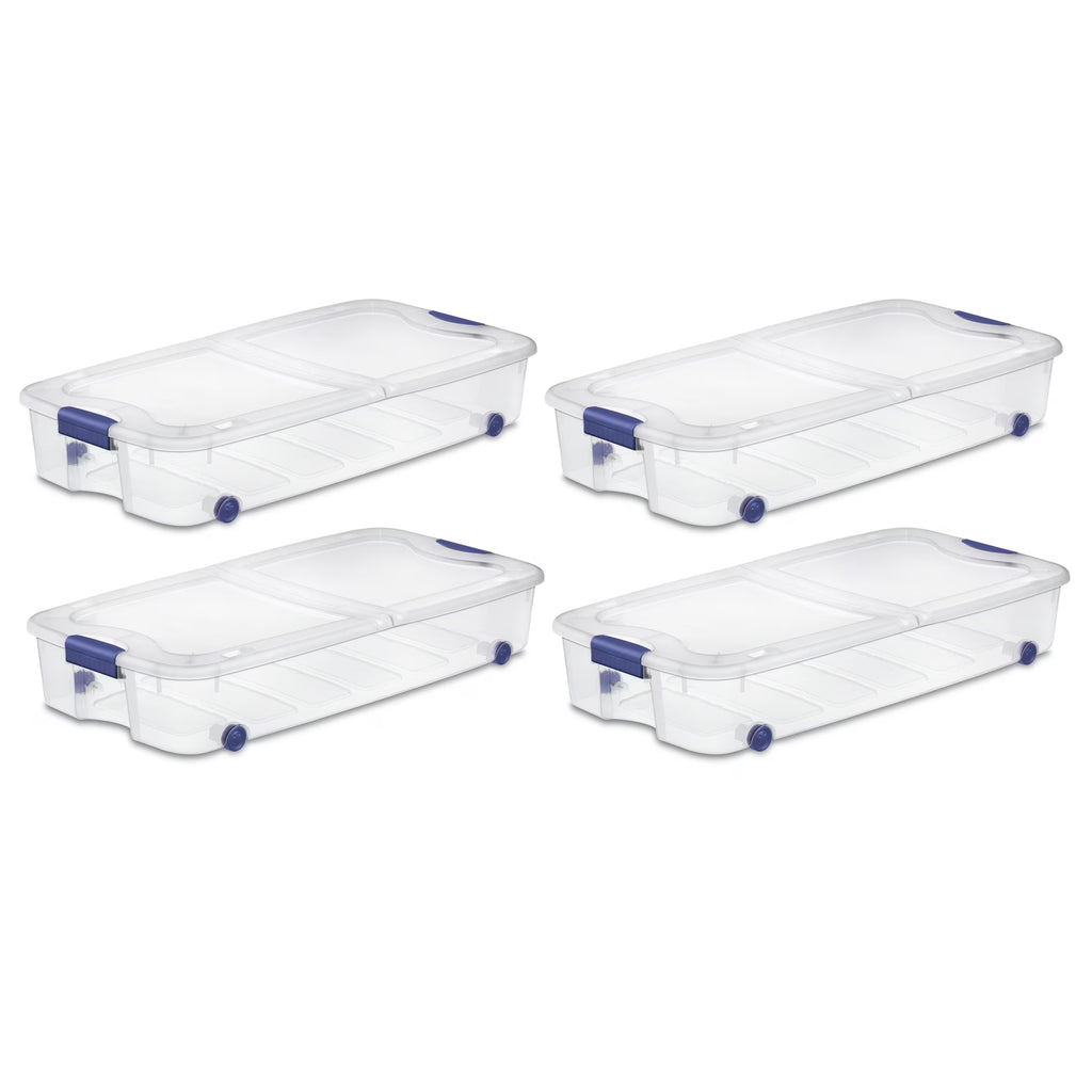 Sterilite 66 Quart Wheeled Latch Box, Clear Underbed Storage Bin with Lid, Blue, 4 Count
