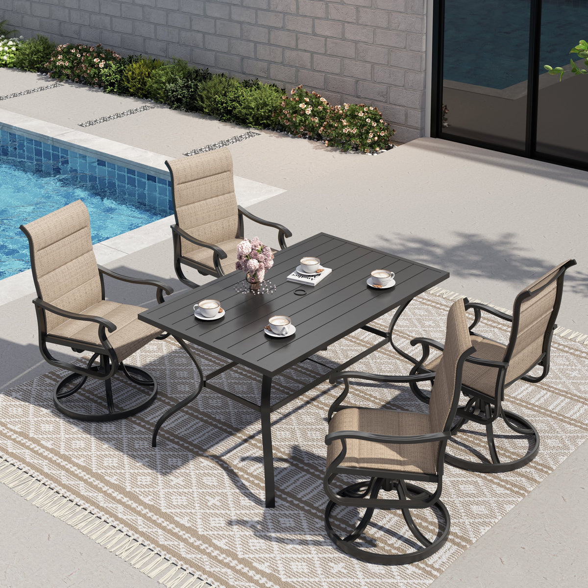 Techmilly Patio Swivel Chairs Set of 2, Outdoor Dining Chairs High Back Padded All Weather Breathable Textilene Outdoor Swivel Chairs with Metal Rocking Frame for Lawn Garden Backyard Deck, Dark Grey