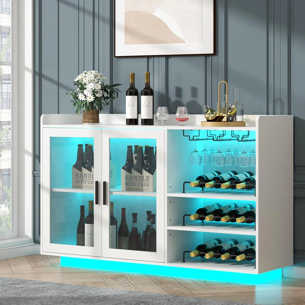 Wine Bar Cabinet with LED Lights, Floating Coffee Bar with Glass Rack and Removable Wine Racks, Modern Buffet Sideboard with Storage Shelves, Kithchen Bar with Glass Cabinet Doors