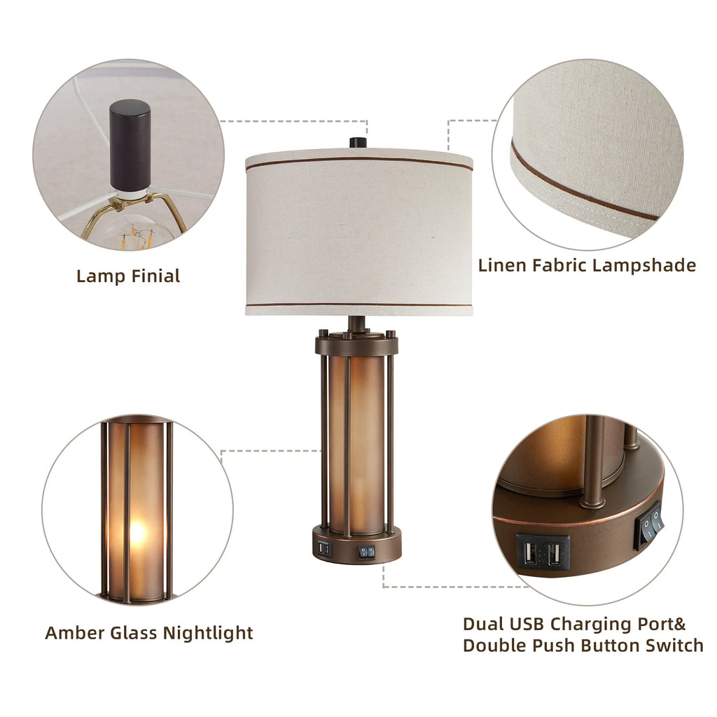 RORIA 24 Modern Living Room Table Lamp 2-Piece Set with 2 USB Charging Ports, Built-in White Frosted Glass with Night Light, Black Vintage Rustic Farmhouse Lamp for Bedroom Nightstand Lamps