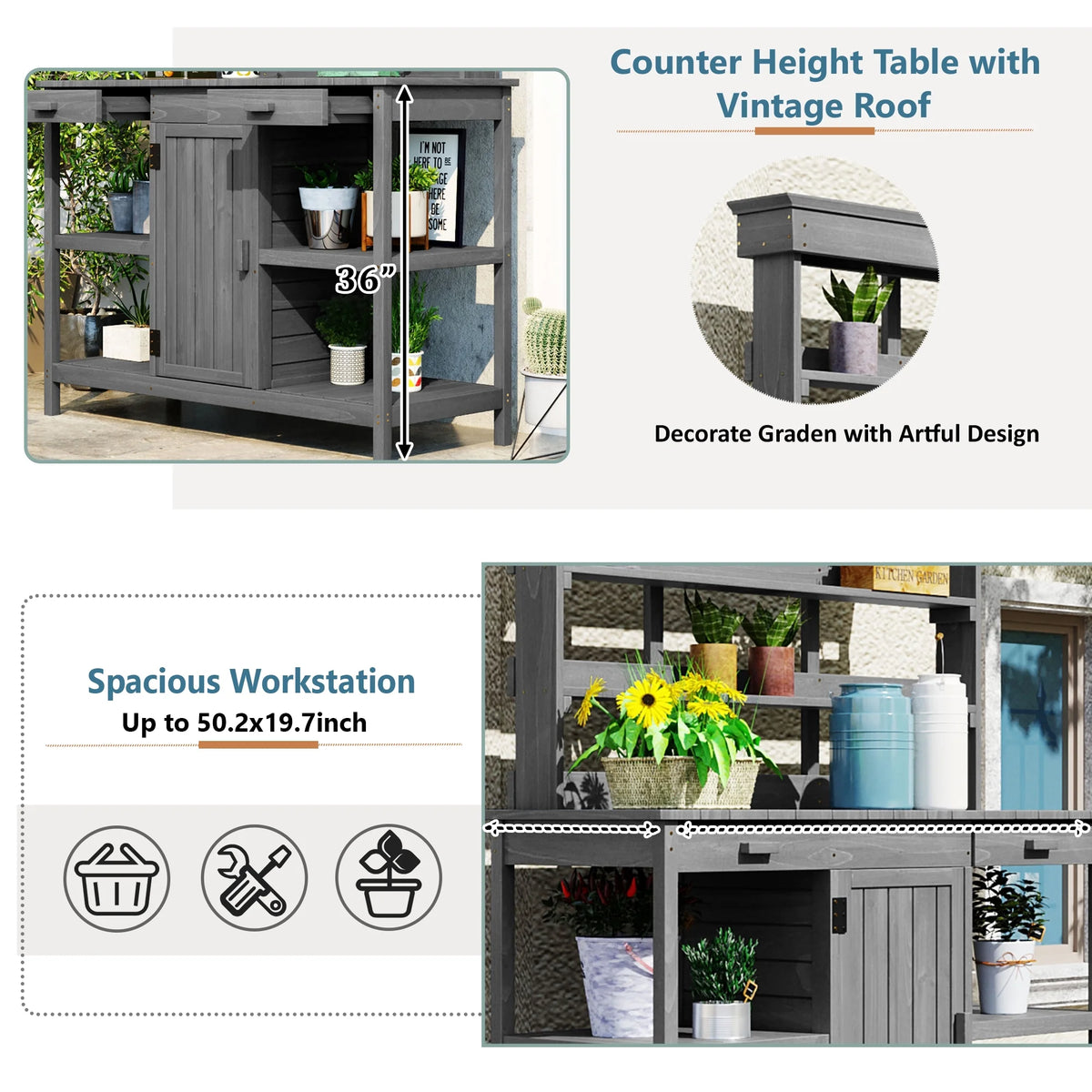 YIYADO 66" Large Outdoor Wooden Planter Workbench, Farmhouse Style Garden Workstation with 2 Drawers, Cabinets, and Open Shelves, Suitable for Backyards and Mudrooms, Gray