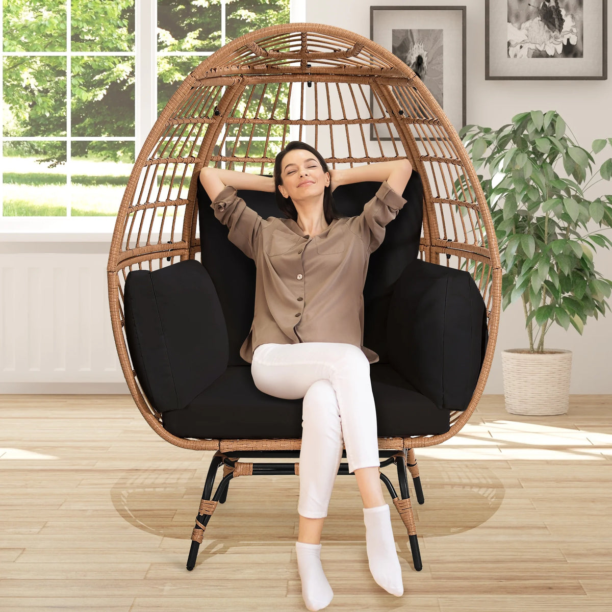 Skandiquip Oversized Rattan Adult Egg Chair, 360 Swivel, Outdoor Patio Chair with overstuffed Cushions, Indoor Large Wicker Egg Chair, Natural Rattan, Beige Cushion