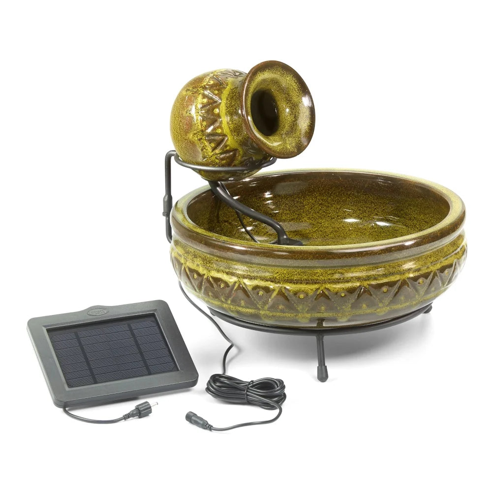 Smart Solar Cairo Ceramic Jug Solar Fountain, Green Glaze, Solar-Powered, Indoor/Outdoor Use