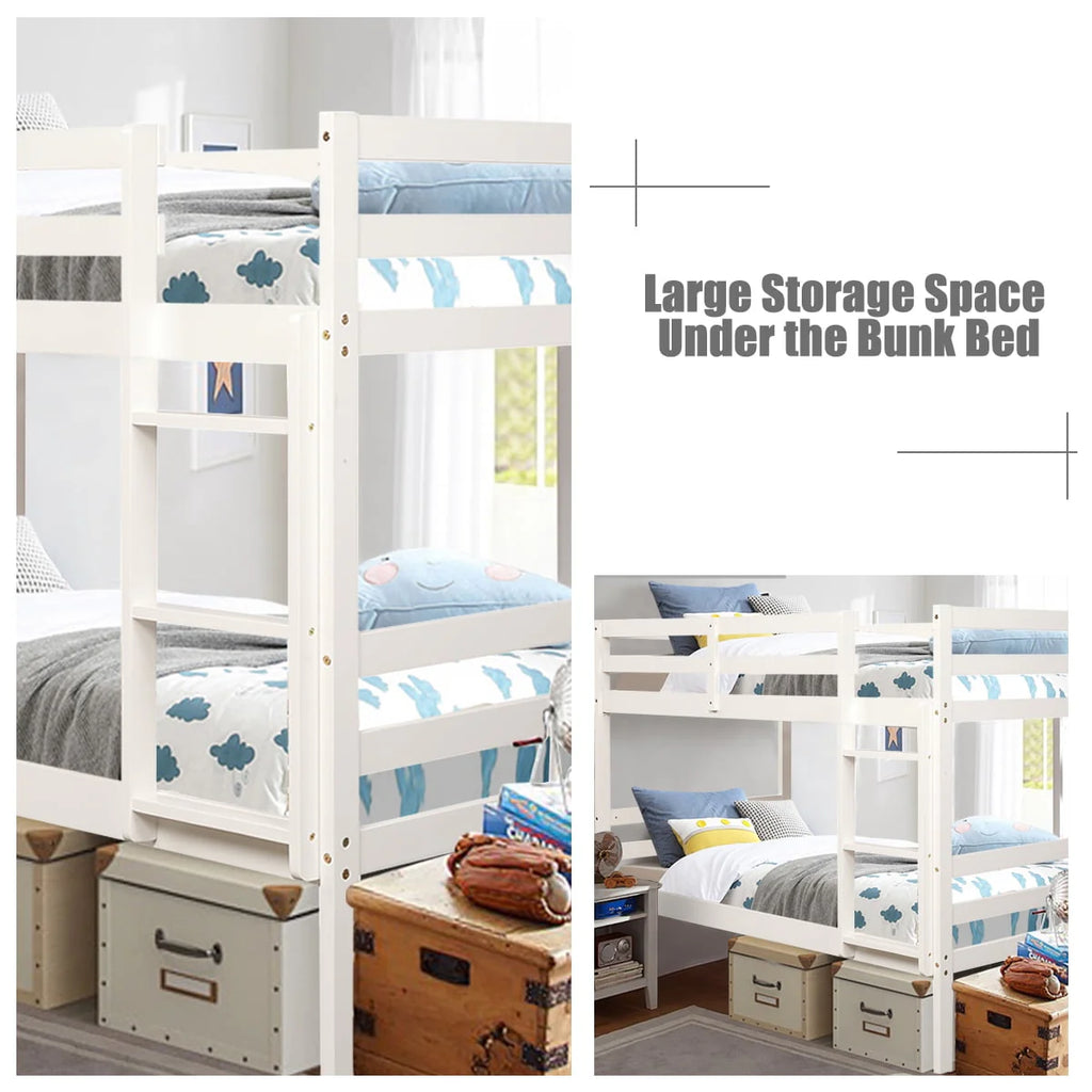 Costway Twin Over Twin Wood Bunk Beds Ladder Safety Rail White