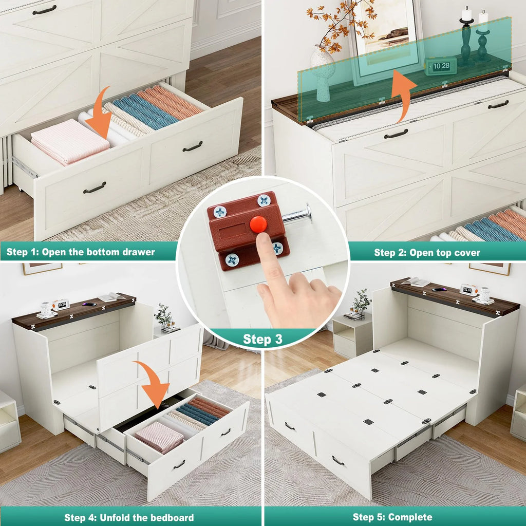 ANPOO Full Size Murphy Chest Bed with Drawer and Power Outlets, Farmhouse Wood Hidden Folding Bed Chest w/2 Storage Drawers, Multifunctional Storage Cabinet Bed for Bedroom,White