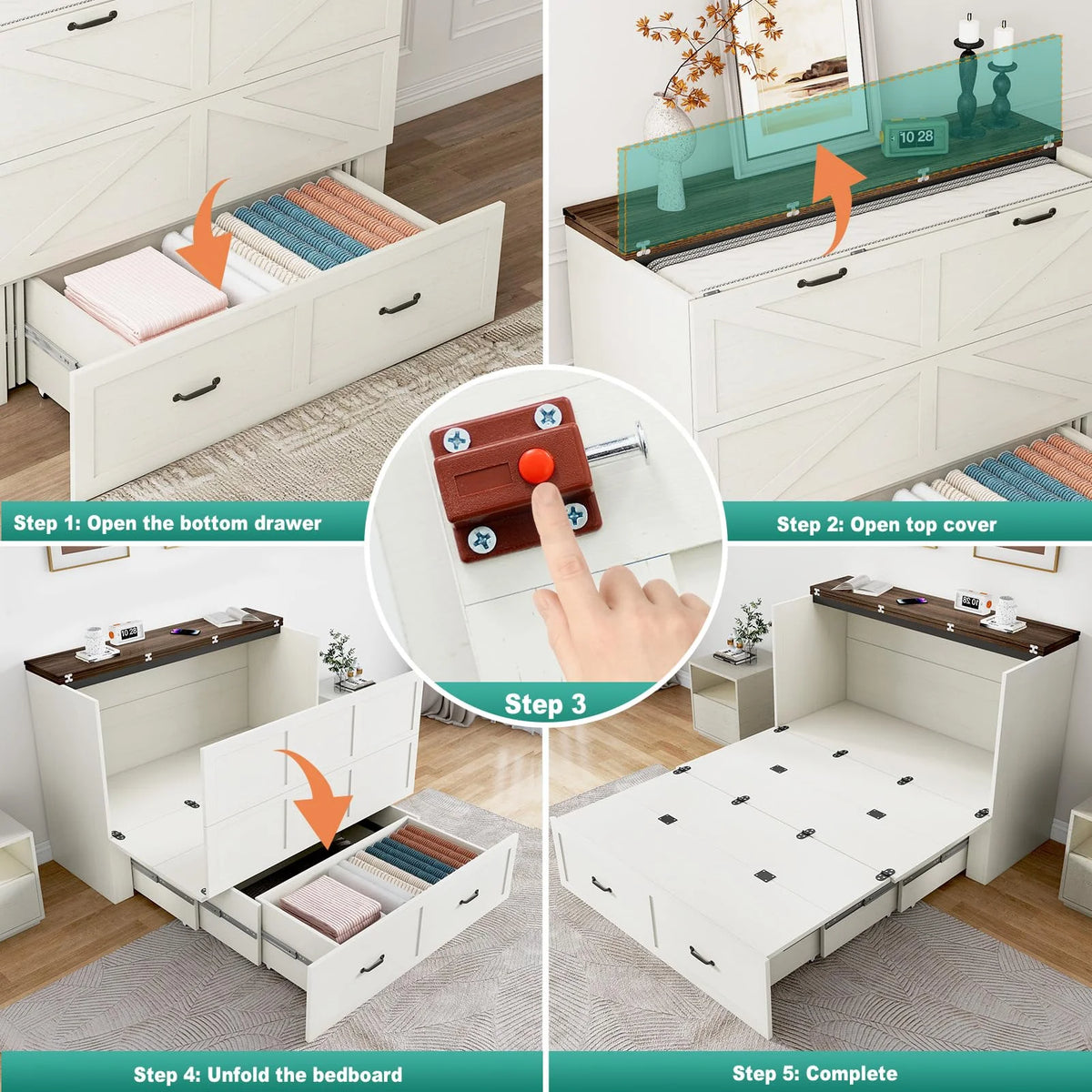 ANPOO Full Size Murphy Chest Bed with Drawer and Power Outlets, Farmhouse Wood Hidden Folding Bed Chest w/2 Storage Drawers, Multifunctional Storage Cabinet Bed for Bedroom,White