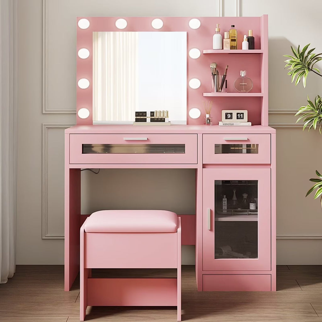 LIVELYGLOW Vanity Desk with Mirror and Lights, Makeup Vanity with Drawer & Storage Shelves, Cabinet, 3 Lighting Modes Adjustable Brightness,White