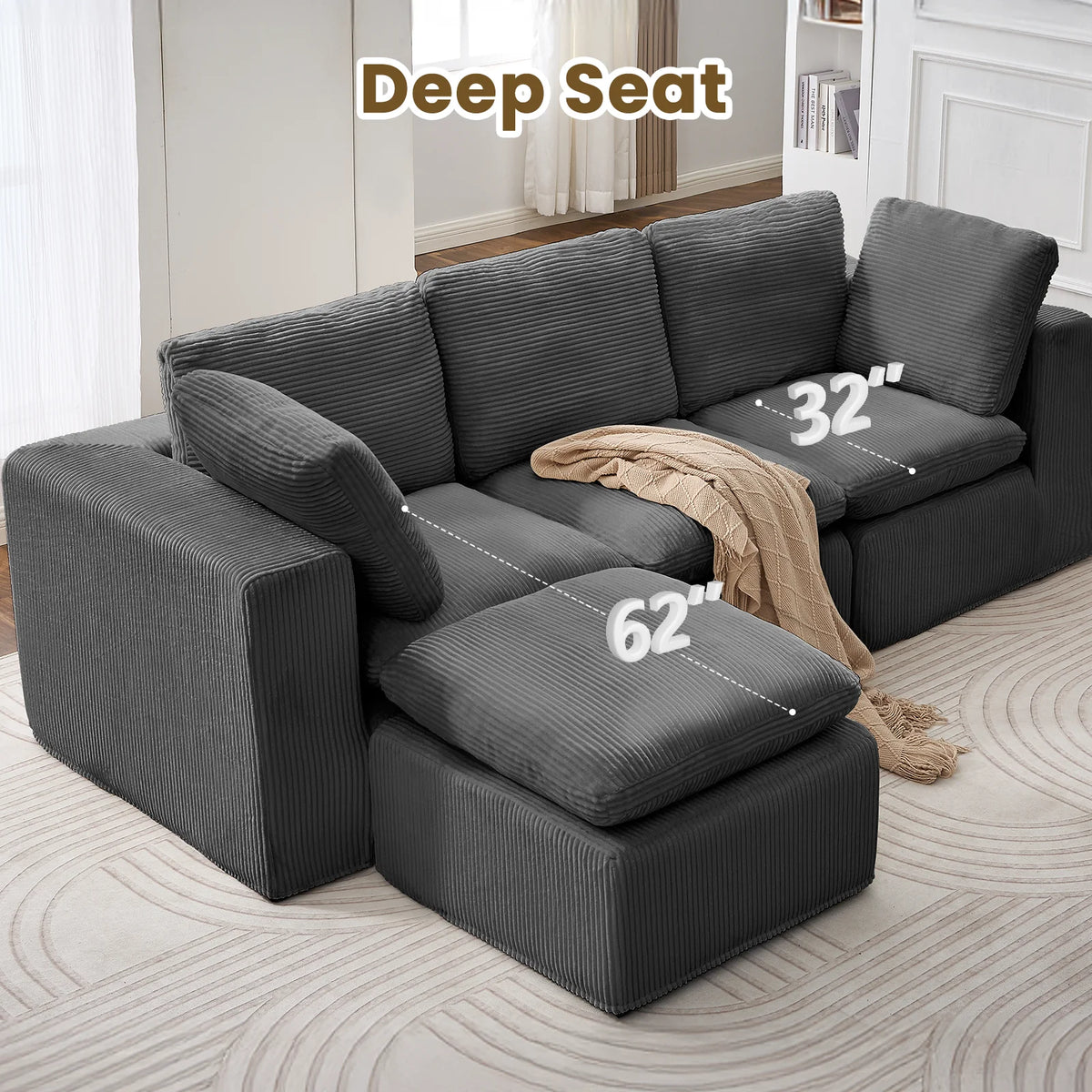 Cloud Sectional Couches for Living Room, Modular L-Shaped Sofa with Ottoman, Corduroy Sleeper Sofa Bed, No Assembly Compression Memory Foam Couch,White