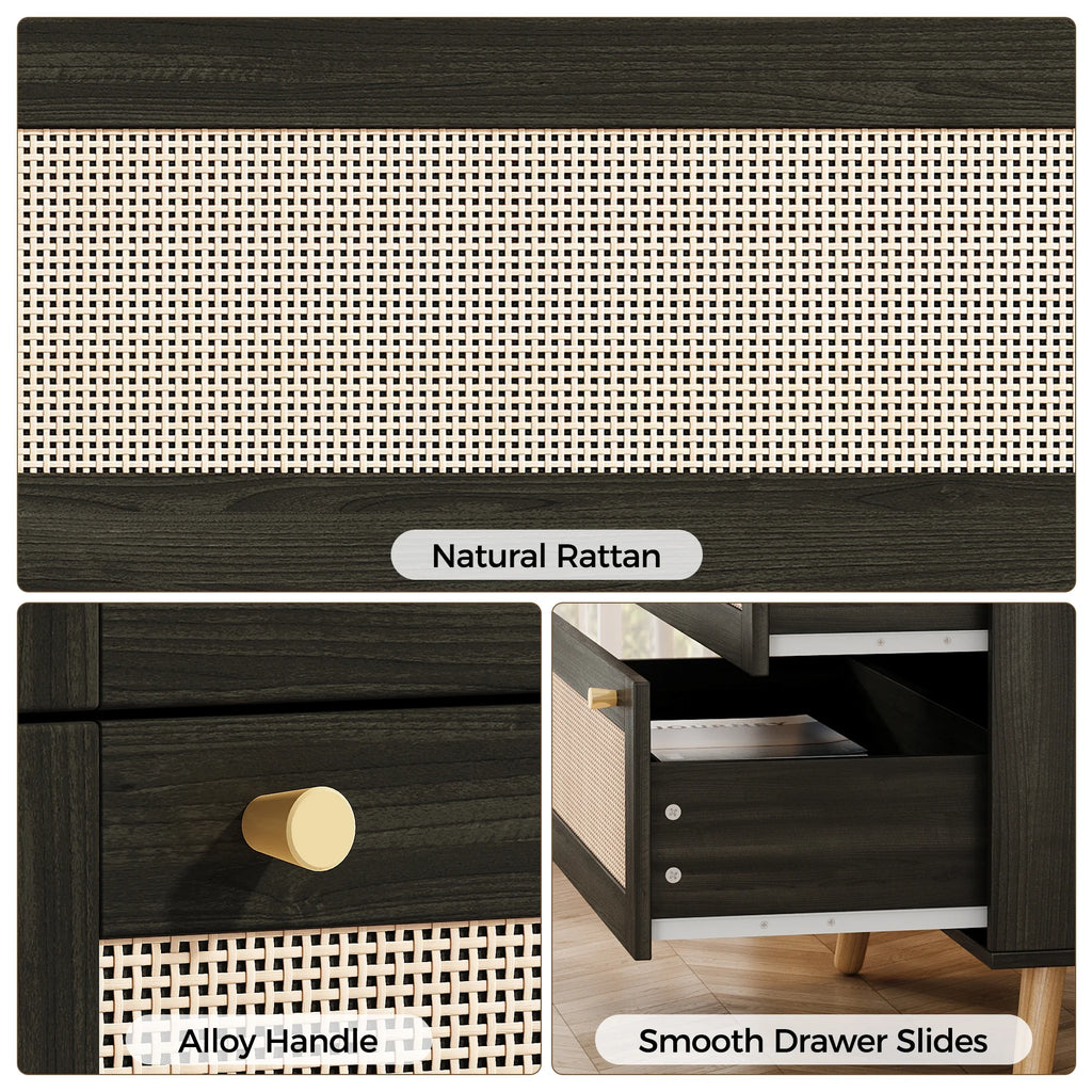 Farmhouse Rattan Dresser with 3 Drawers - Wooden Storage Chest for Bedroom, Living Room & Hallway, Vintage Style Organizer