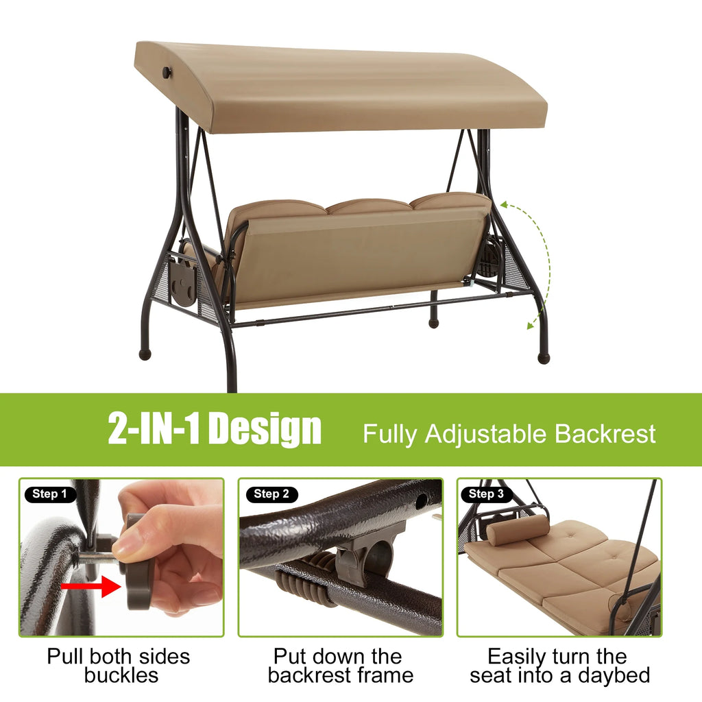Homrest 3 Seat Outdoor Porch Swing with Adjustable Canopy, Cushions, and Cup Holder - Wine Red