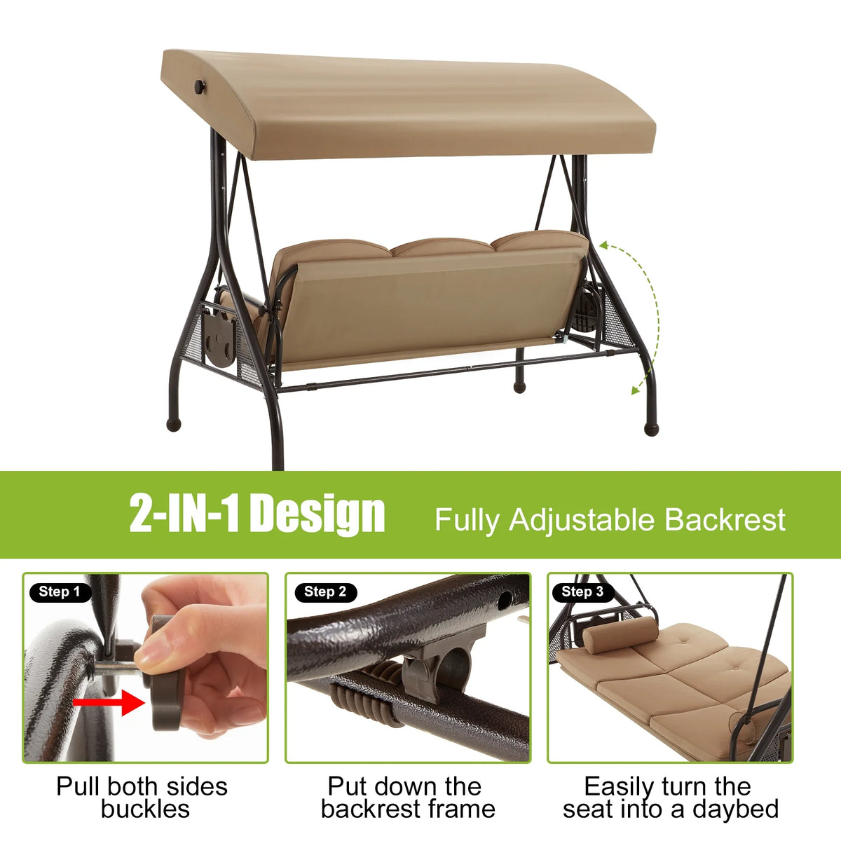 Homrest 3 Seat Outdoor Porch Swing with Adjustable Canopy, Cushions, and Cup Holder - Wine Red