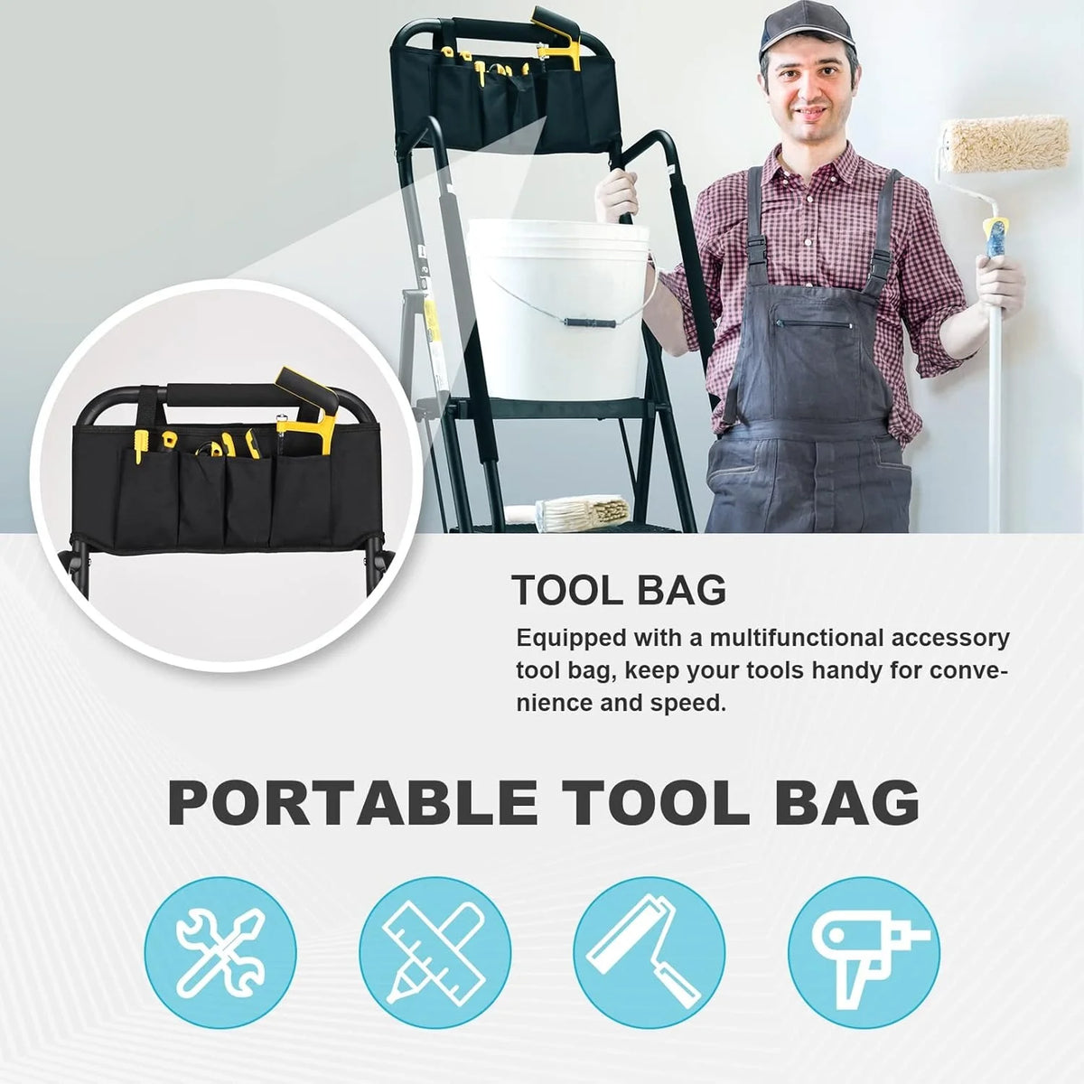 HBTower 4 Step Ladder with Handrails and Tool Bag, Folding Step Stool with Attachable  Anti-Slip Wide Pedal, Black