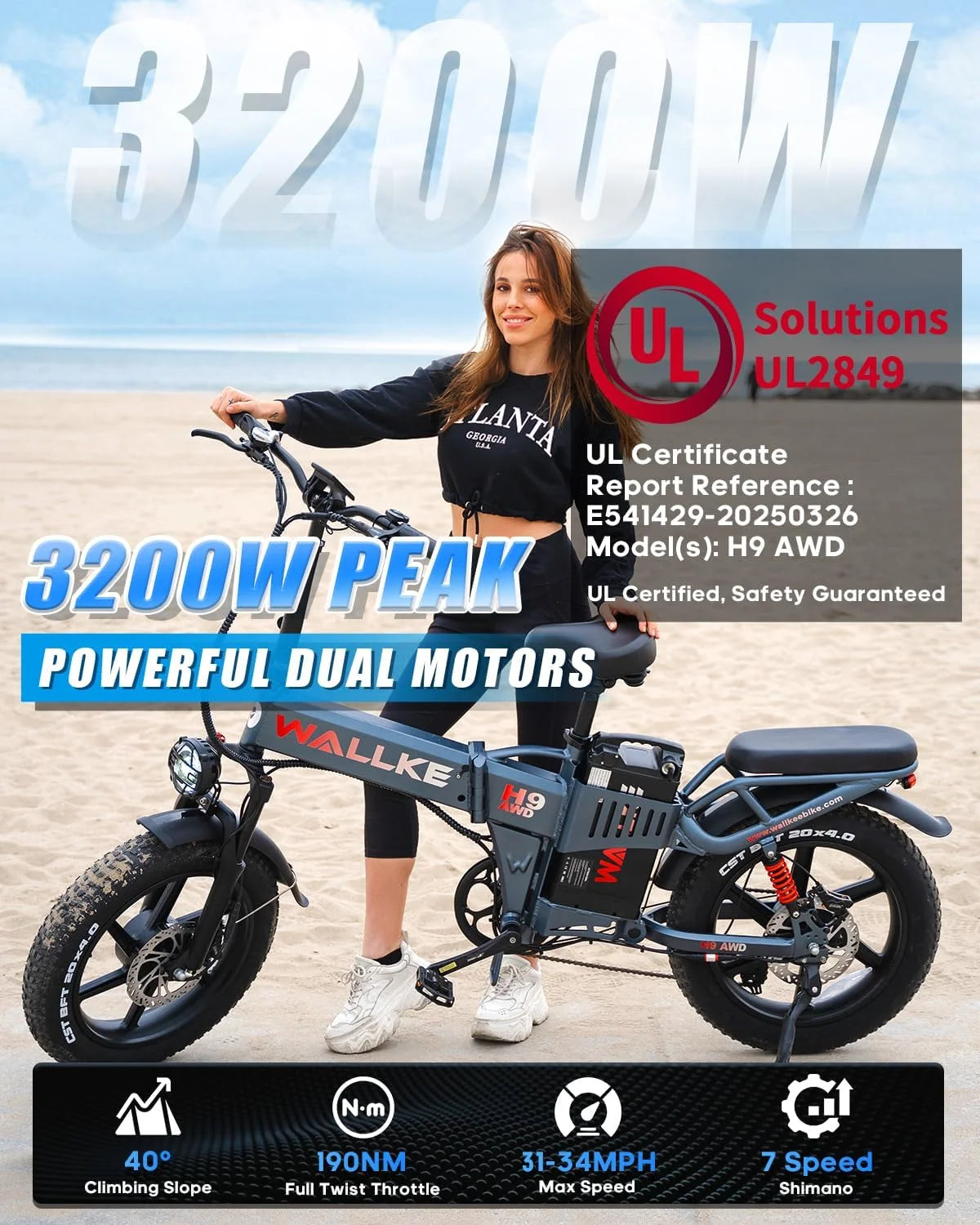 Wallke H9 AWD 3200W Dual Motor Electric Bike for Adult, 82Ah 48V Dual Battery Long Range e-Bicycle, 31-34MPH Fast Ebike, 20" Fat Tire Offroad Full Suspension Folding, 3mm Aluminum Alloy Frame,UL2849