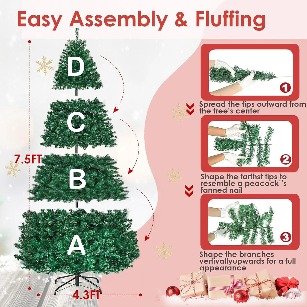 Vebreda 6FT Pre-Lit Artificial Christmas Tree with 300 Warm White LED Lights, Hinged Branch Design, Eco-Friendly PVC Needles & Foldable Metal Stand for Home, Office & Holiday Dcor