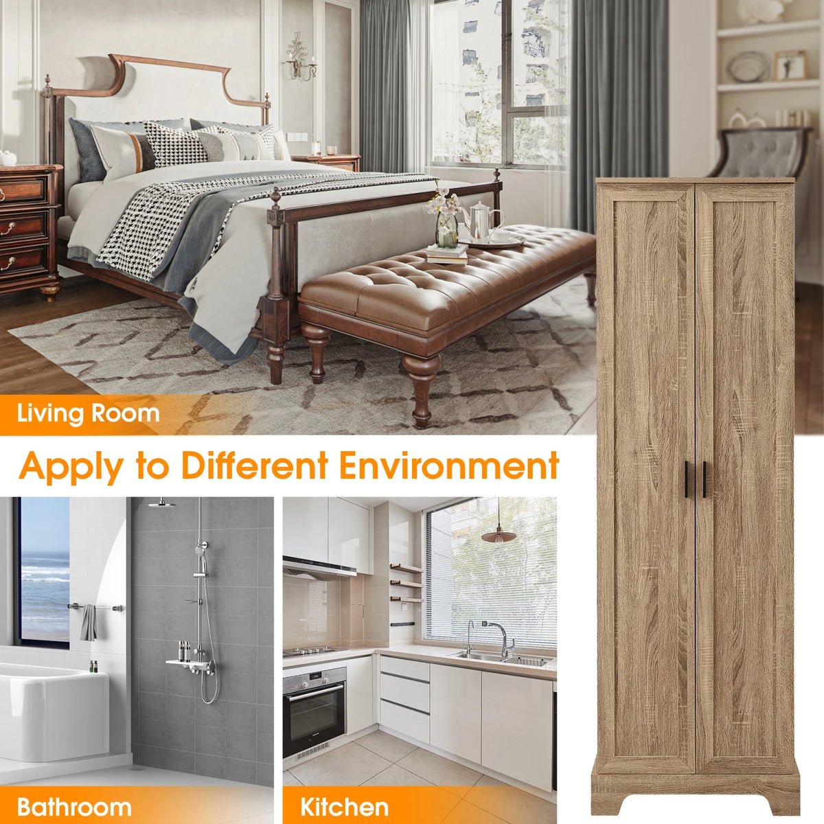 22'' Double Door Storage Cabinet with Adjustable Shelves, High Quality Bathroom Cabinet with  MDF Material, for Living room, Bathroom, Black