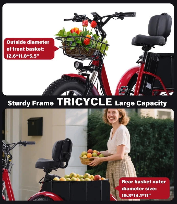 YEBEI Electric Tricycle for Adults Folding E-Trike Motorized Tricycle Electric 3 Wheels Trike Powerful 500W Motor Electric Tricycle 48V15AH Lithium Battery Max 20MPH 20*4.0 Fat Tire Orange