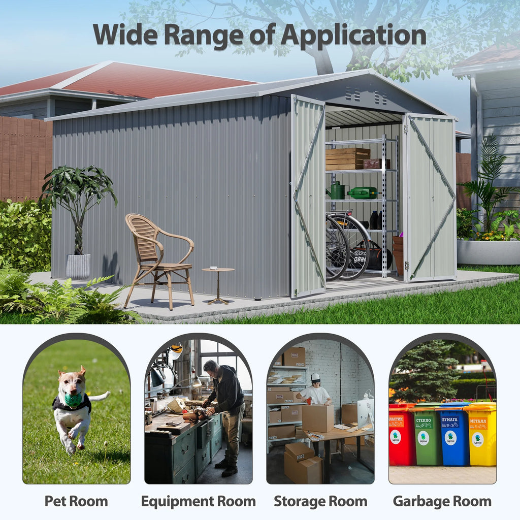 LZBEITEM 10 x 10 ft Outdoor Storage Shed with Floor Frame Kit, Galvanized Steel Garden Sheds, Garden Tool Shed with Double Lockable Doors for Backyard Patio Lawn, Grey