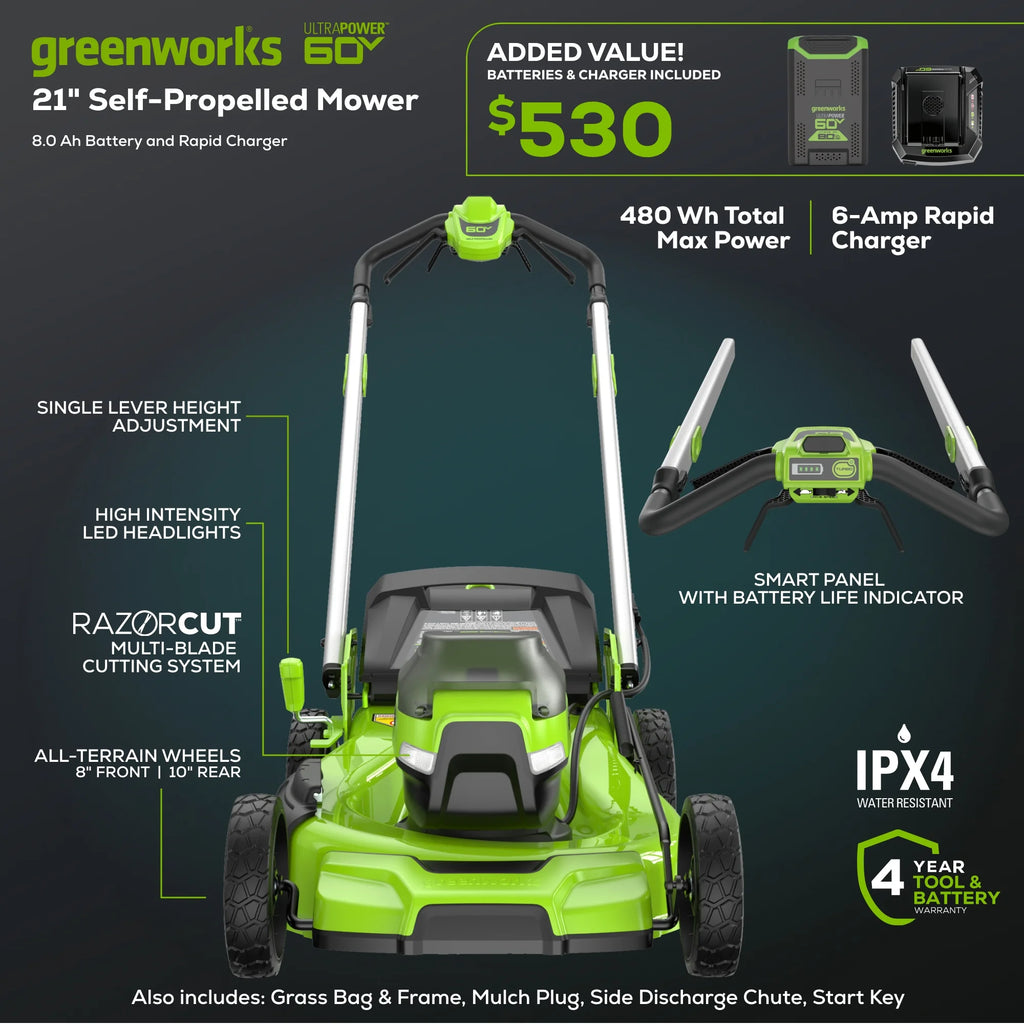 Greenworks 60V 21" Self Propelled Lawn Mower with (1) 8.0 Ah Battery & Rapid Charger 2546402