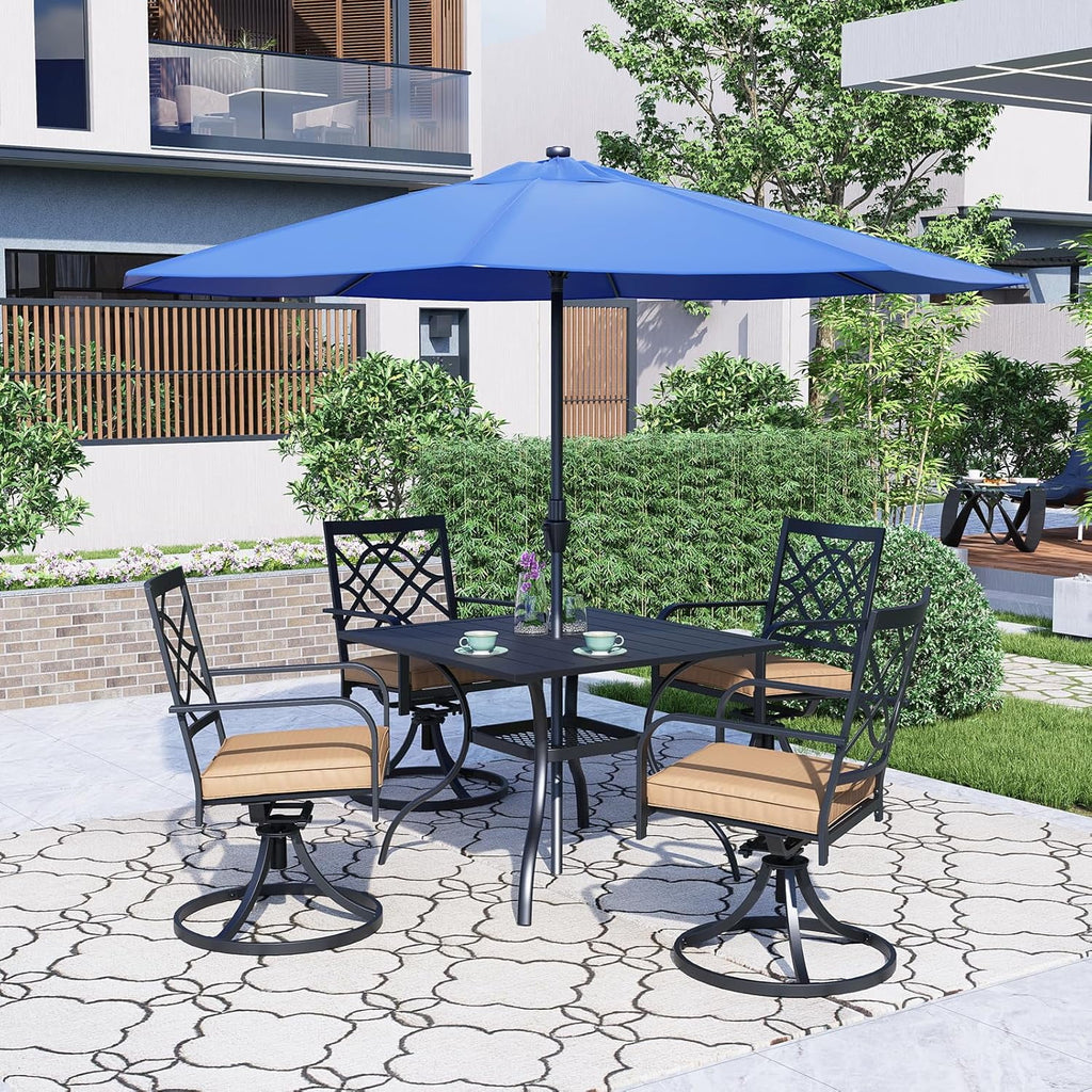 SUNCROWN 5-Piece Outdoor Wrought Iron Chairs and Table Patio Dining Furniture Set - 4 Stackable Metal Chairs, 1 Steel Slat Bistro Table and 1 Sky Blue 9Ft Patio Umbrella for Garden Backyard Deck