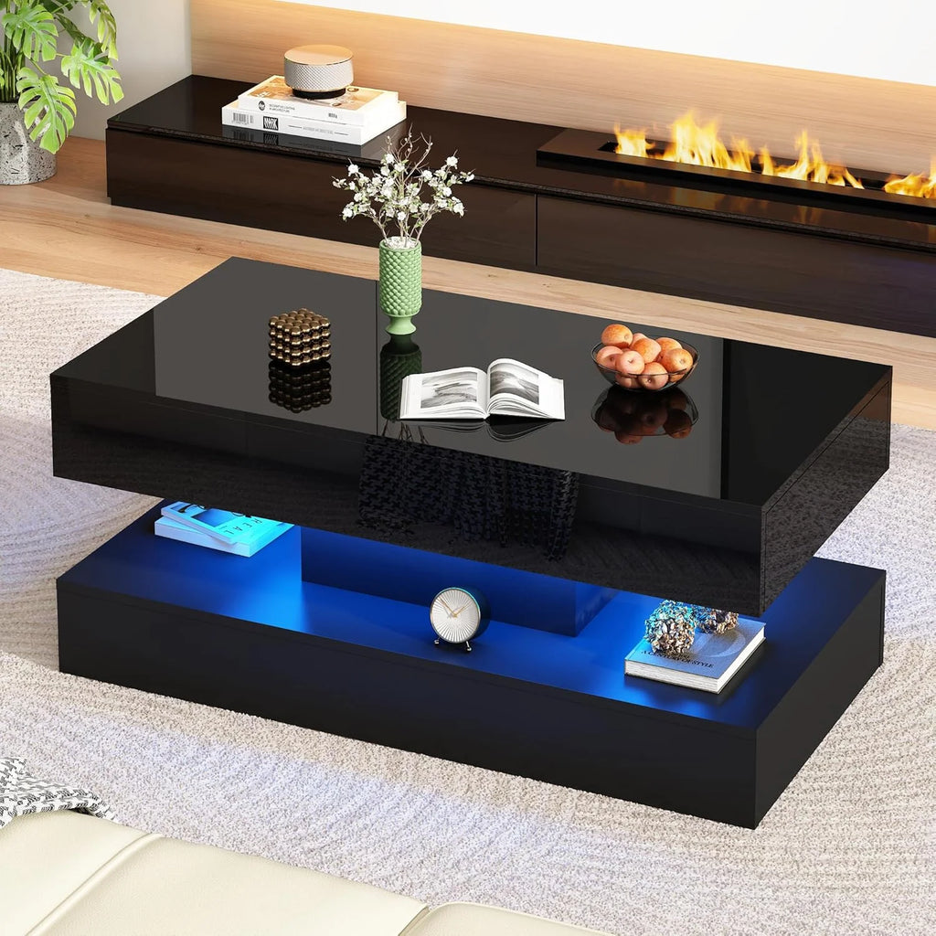 ChVans Large Black LED Coffee Table with 2 Storage Drawers, Modern High Gloss Coffee Table w/20 Colors LED Lights/APP Control, 2 Tiers Rectangle Large Living Room Furniture w/Marbling Print(47.3")