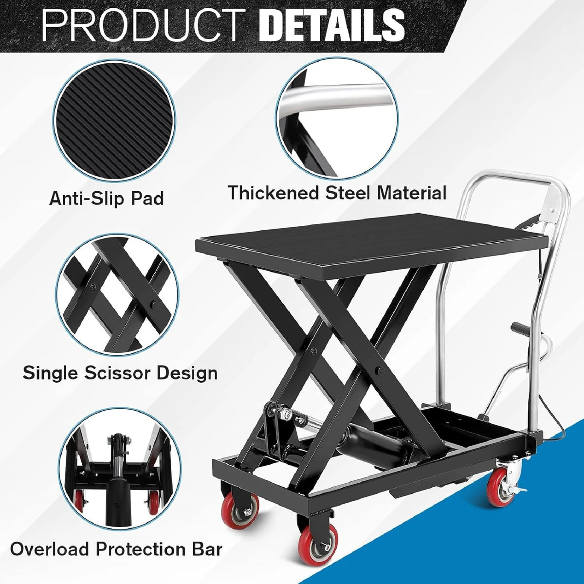 M optimized Hydraulic Lift Table, 500 Lbs Capacity Hydraulic Table Cart, Single Scissor Lift Cart 28.5 Inch Lifting Height with 4 Wheels and Non-Slip Pad for Material Handling, Black