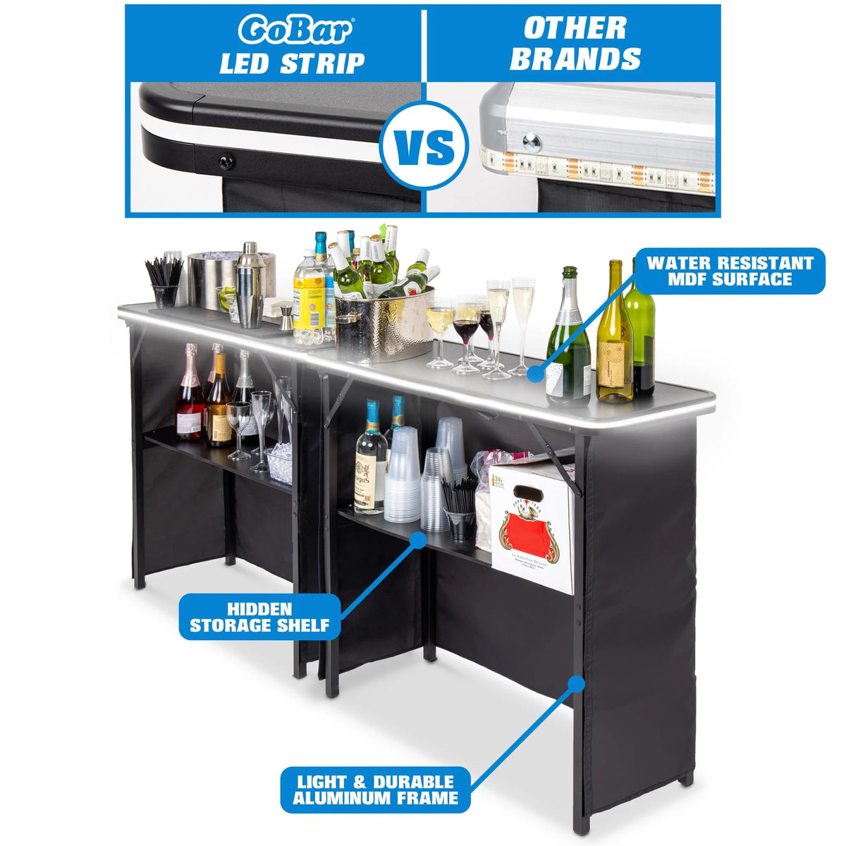 GoBar Portable Double Bar Table Set with Multi-Color LED Lights - Mobile Bartender Station for Events - Includes Carrying Case
