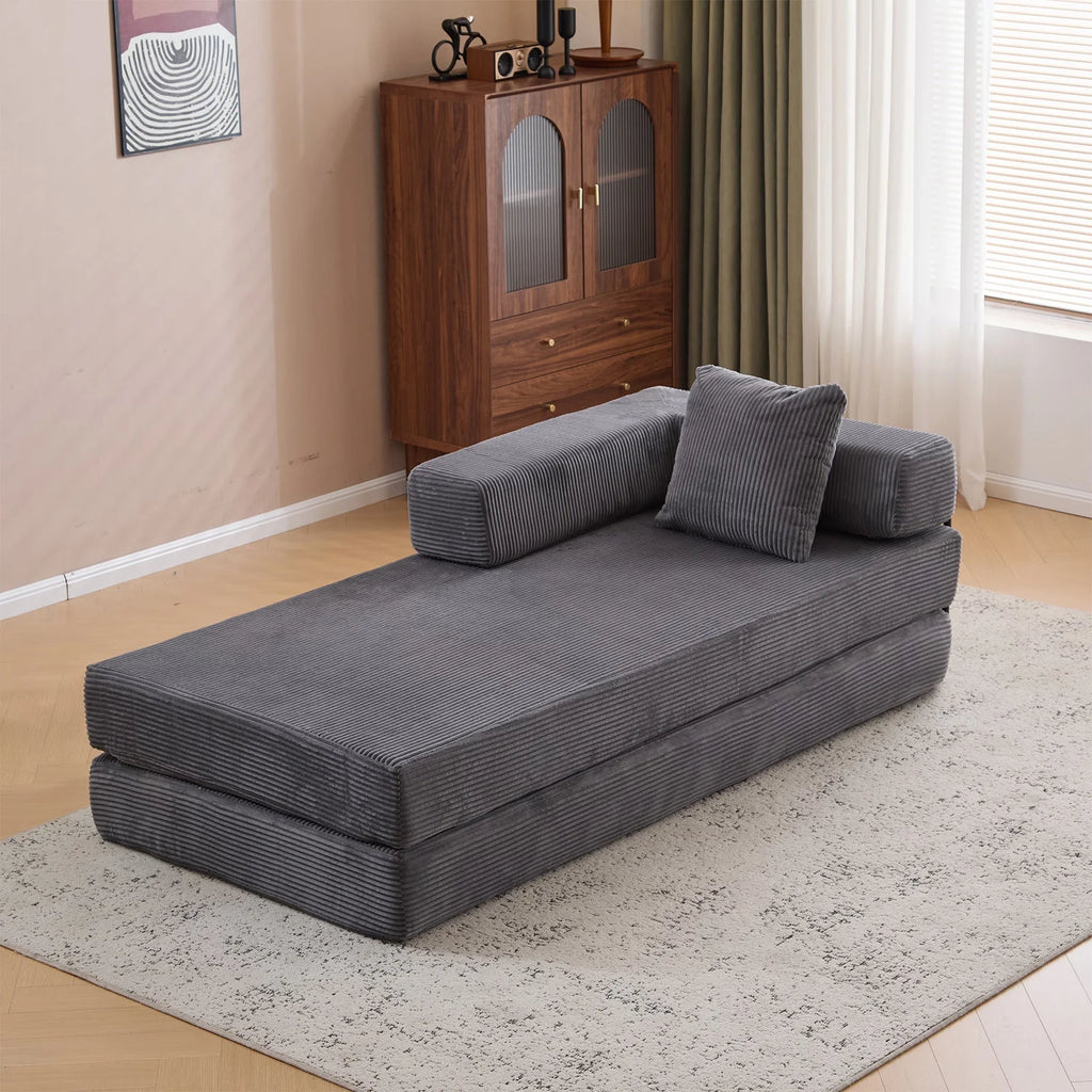 Taicans Convertible Floor Sofa Bed - 3 Seats Foldable Corduroy Futon Couch w/Pillow Support,Space-Saving Guest Bed for Living Room,Dorm,No Assembly Compressible Foam Mattress (Gray,76.7Inch L)