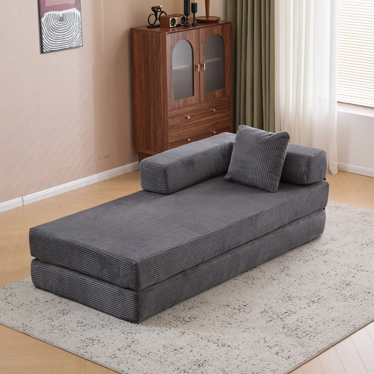 Taicans Convertible Floor Sofa Bed - 3 Seats Foldable Corduroy Futon Couch w/Pillow Support,Space-Saving Guest Bed for Living Room,Dorm,No Assembly Compressible Foam Mattress (Gray,76.7Inch L)
