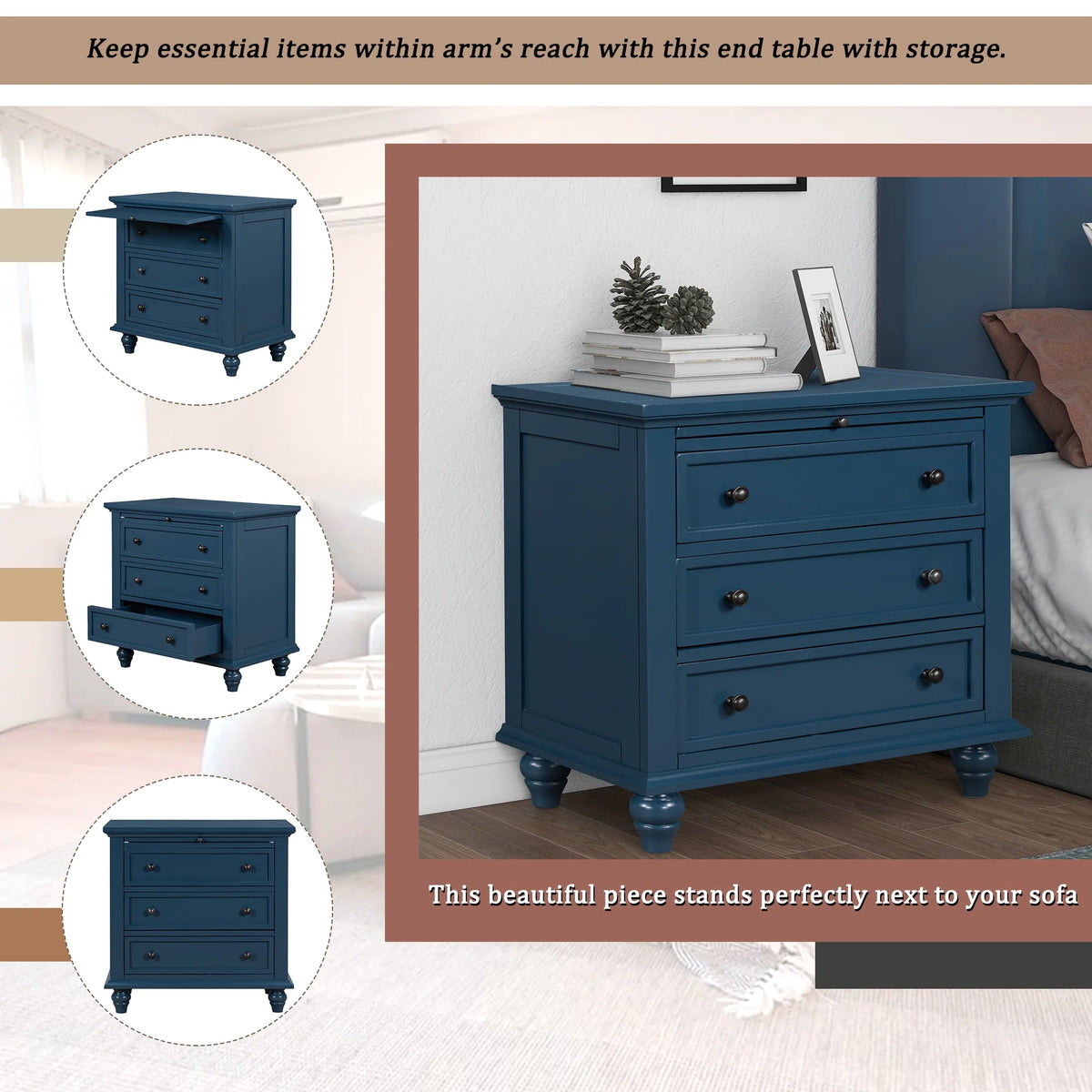 EUROCO 28 Larger Solid Wood 3-Drawer Side Table Nightstand, End Table with Pull out Tray for Bedroom, Living Room, Hallway, Entryway,White