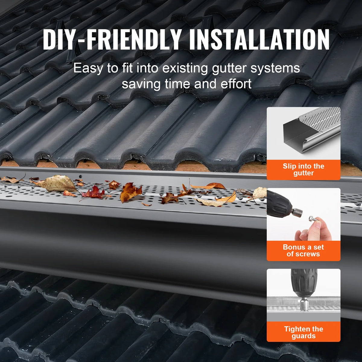 VEVOR Gutter Guard, 5 inch Width, Aluminum Leaf Filter DIY Gutter Cover, 52 PCS 208 ft Total Length, 0.157'' Hole Diameter & 0.02'' Thick Raptor Gutter Guards Fits Any Roof or Gutter Type