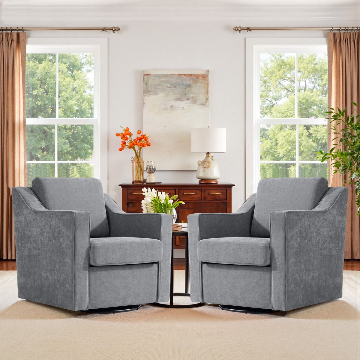 Swivel Accent Chair for Living Room, Modern Upholstered Barrel Arm Chair with Plump Back Pillow, Comfy Club Sofa Reading Chair for Adults (Chenille Navy, Set of 1)