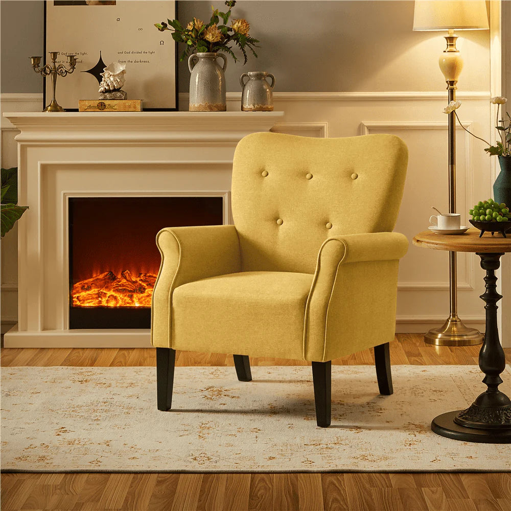 SMILE MART Mid-century Upholstered Fabric Accent Armchair for Living Room with Wooden Leg, Yellow