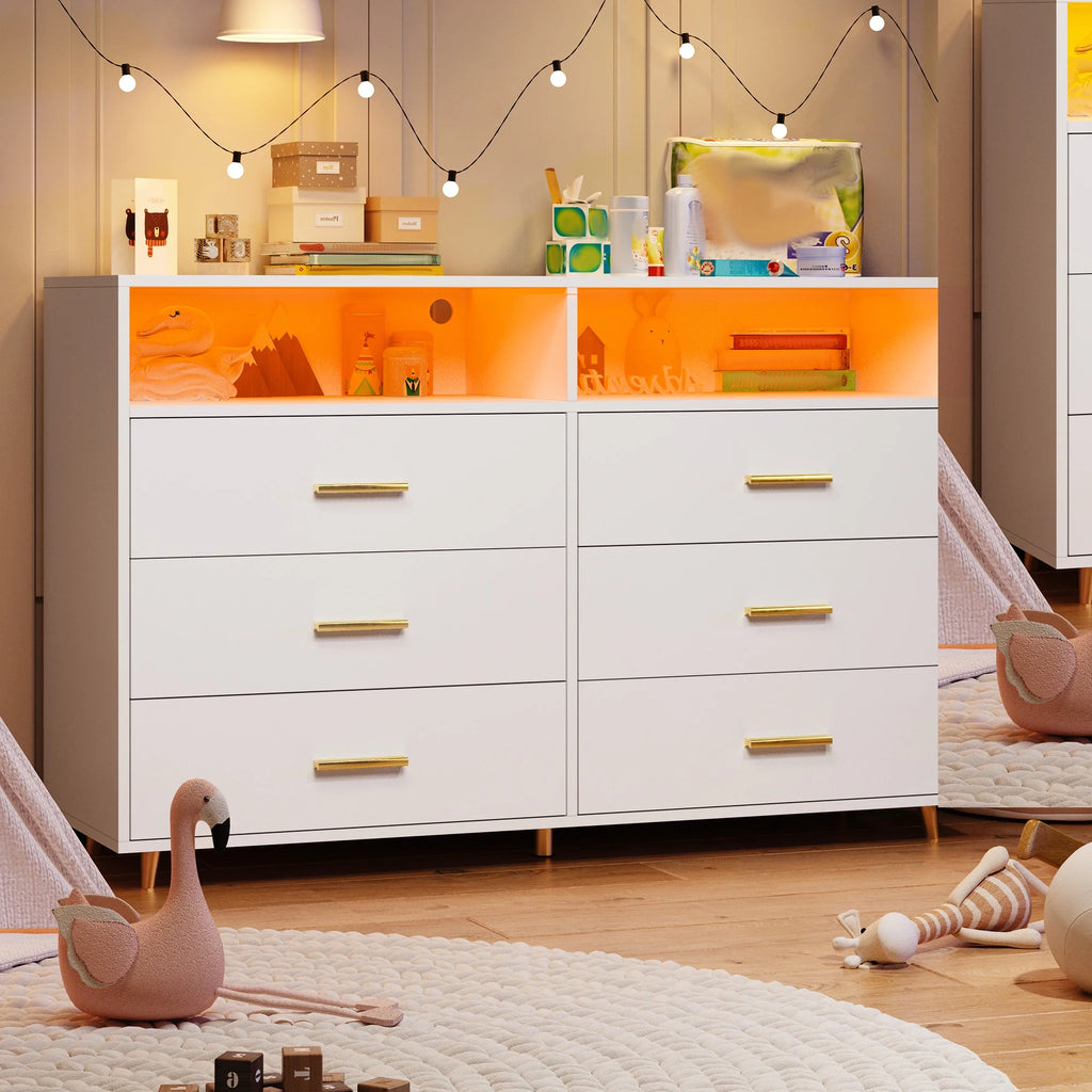 EnHomee Dresser with LED Lights Drawer Dresser with 6 Deep Drawers Wood Dresser for Bedroom TV Stand Dressers & Chests of Drawers Wide Led Dressers,Black