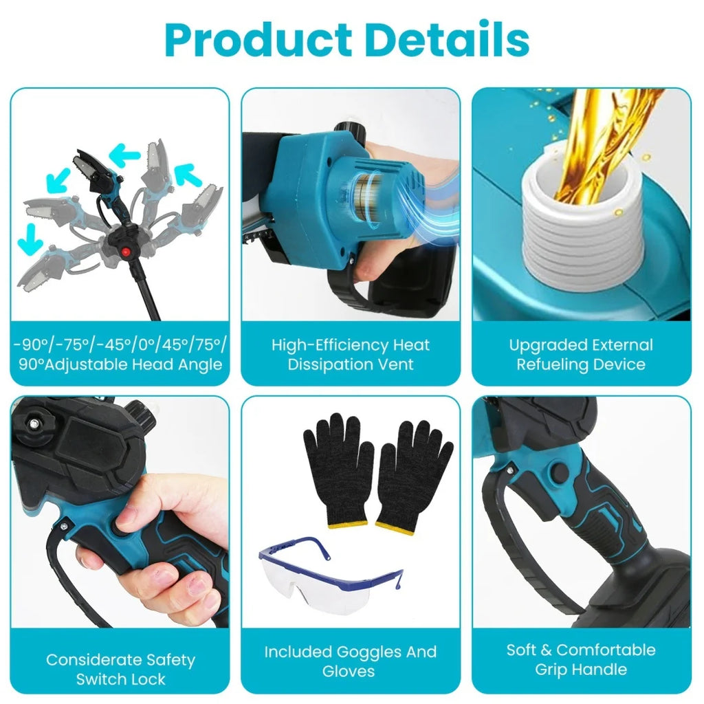 4-in-1 Pole Pruning Shears, Electric Pruning Shears & pole saws for tree trimming with 7 adjustable head angles,Cordless Pole Shears and Battery Pole Saw with 2Pcs 3000mAh rechargeable batteries