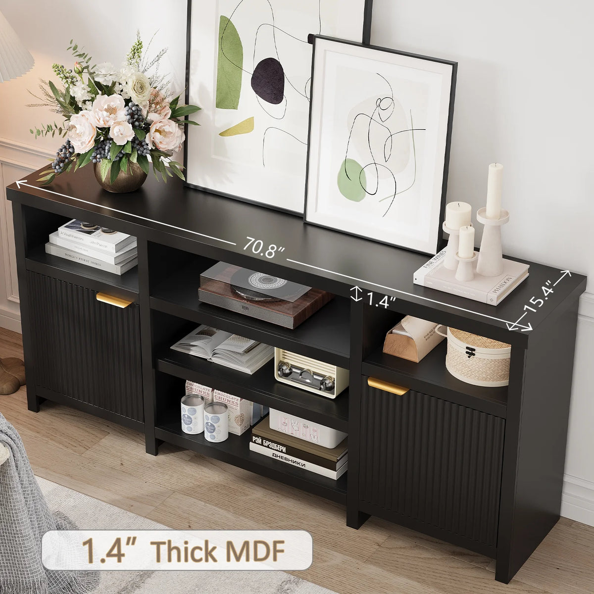 Planntonneo Mid-Century Modern Fluted TV Stand Wooden Media Console Entertainment Center for Living Room, Walnut Color