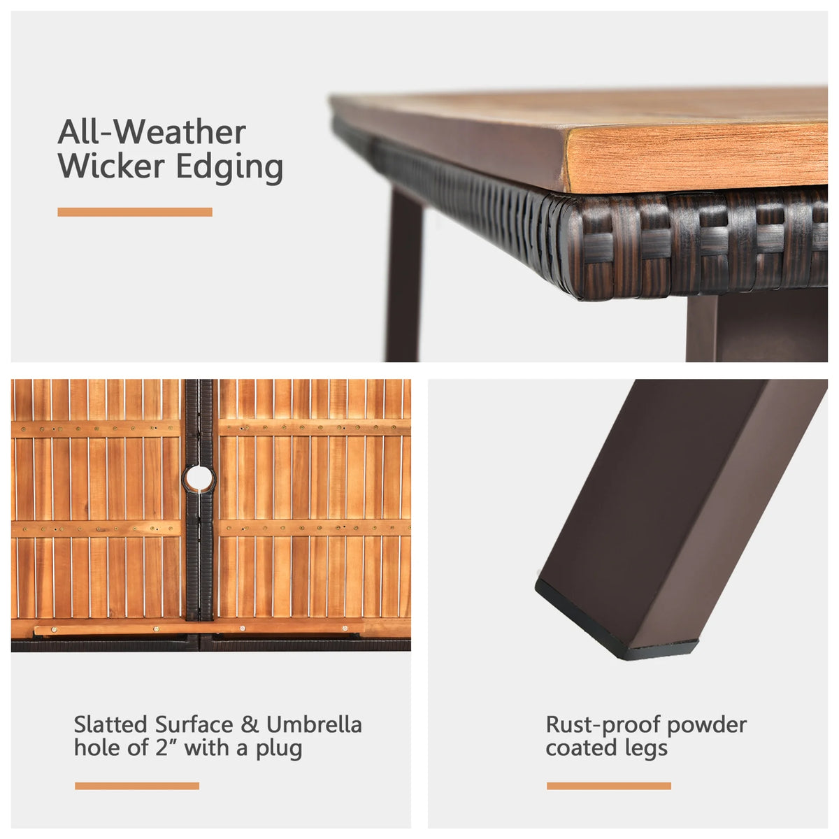 Gymax Rectangle Patio Outdoor Dining Table Acacia Wood Tabletop w/ 2'' Umbrella Hole