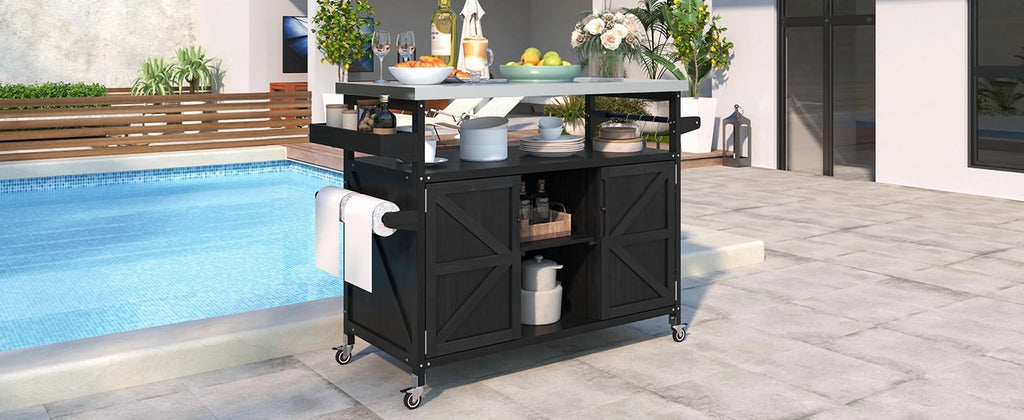 Outdoor Kitchen Island, Rolling Bar Cart & Storage Cabinet, Farmhouse Solid Wood Outdoor Grill Table with Stainless Steel Top, Spice Rack , Towel Rack for Kitchen & BBQ , Natural