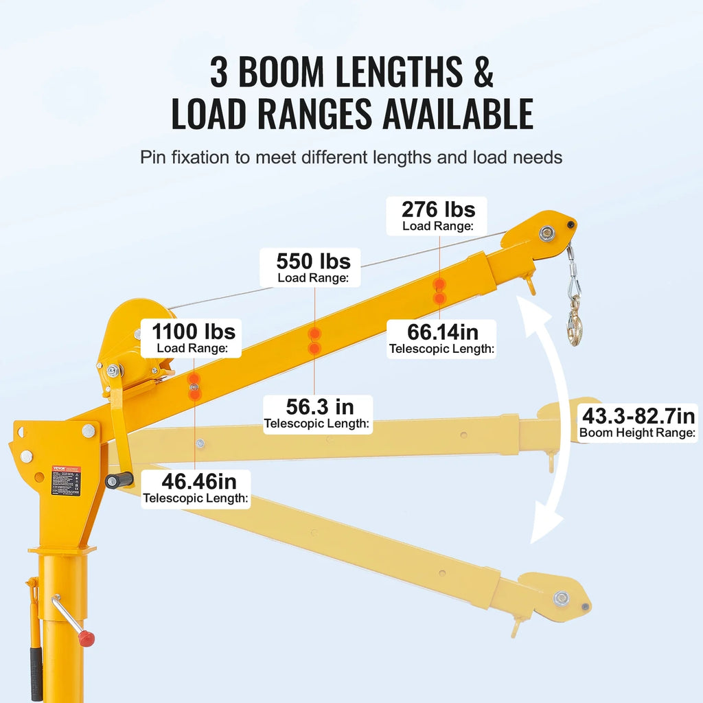 VEVOR Pickup Truck Crane, Folding Truck-Mounted Bed Crane with 1100 lbs Manual Winch, Steel Pickup Truck Jib Crane Hoist 360 Degrees Swivel for Lifting Goods in Construction, Forestry, and Factory