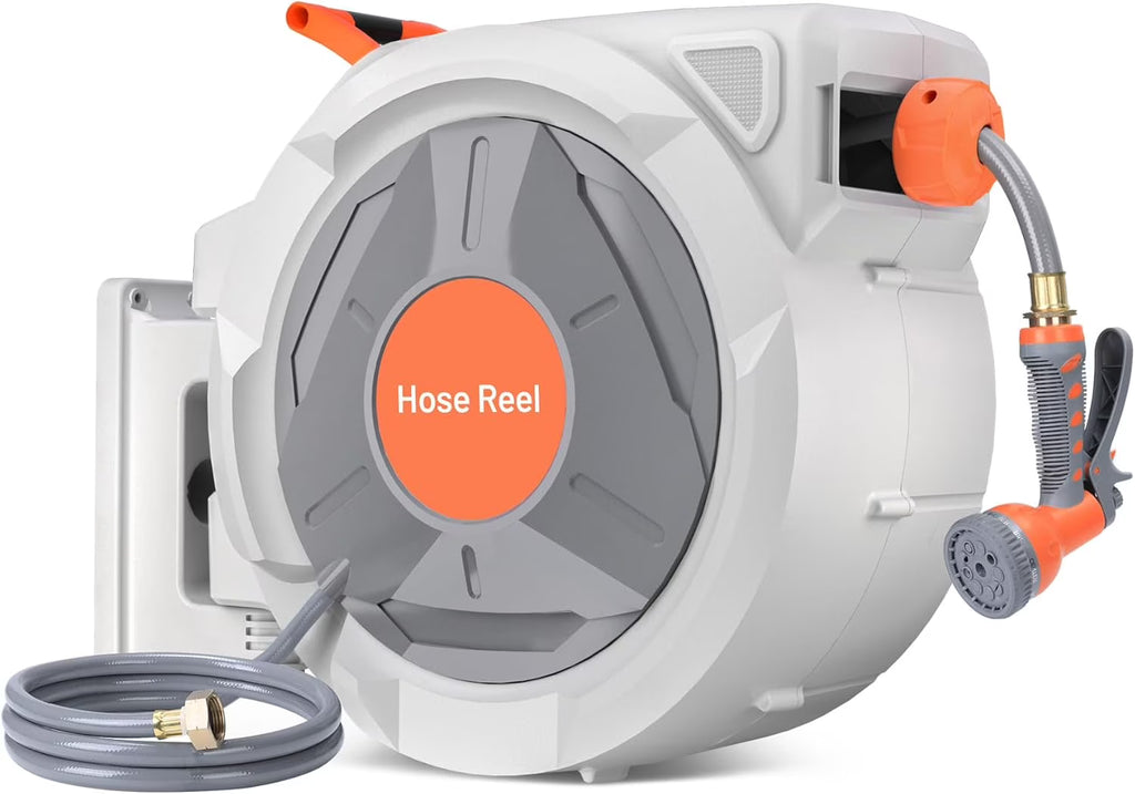 Auto-Retract Wall-Mounted Garden Hose Reel w/9-Pattern Nozzle, 180 Swivel & Any-Length Lock, 600PSI Durable