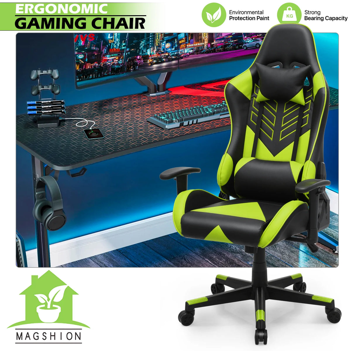 Magshion Ergonomic Gaming Chair, Comfortable Gaming Chair, Computer Chair Leather Desk Chair Adjustable Swivel Gaming Office Chair, Blue