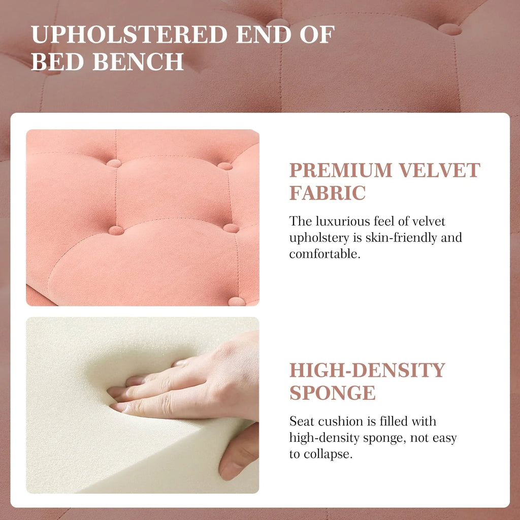 14 Karat Home Velvet Storage Ottoman Bench Gold Leg Upholstered Nailhead Trim Button Tufted Footstool Entryway Bedroom Living Room Pink