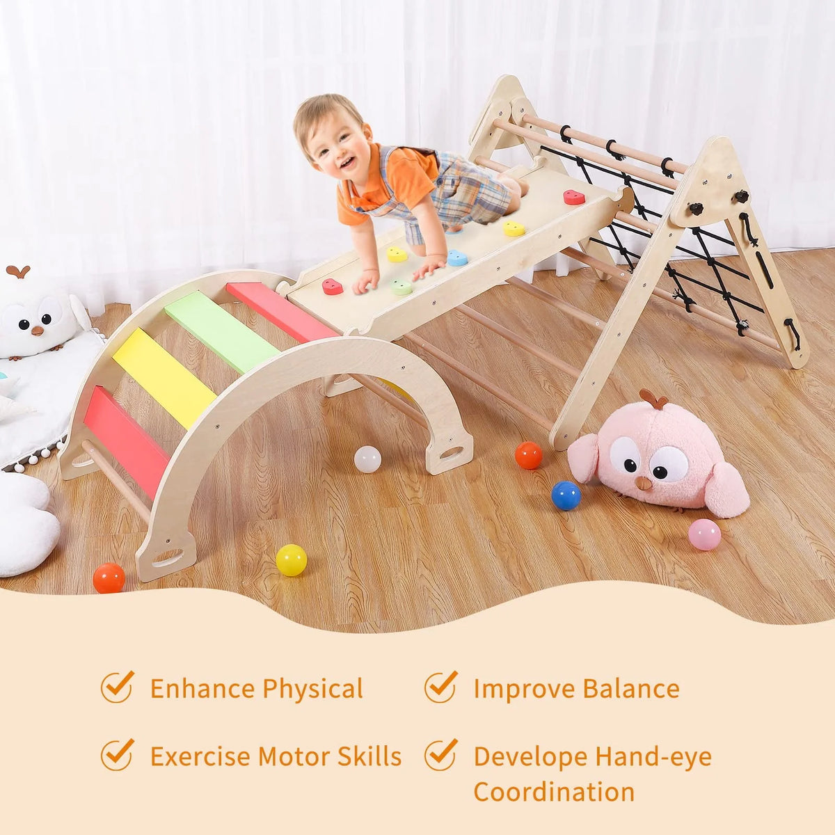 GymChoice Toddler Indoor Gym Playset,4 In 1 Pikler Triangle Gym,Foldable Climber with Ramp, Indoor Climbing Toys for Kids, Climbing Triangle for Toddlers Arch Climber, Rocker, 18M+