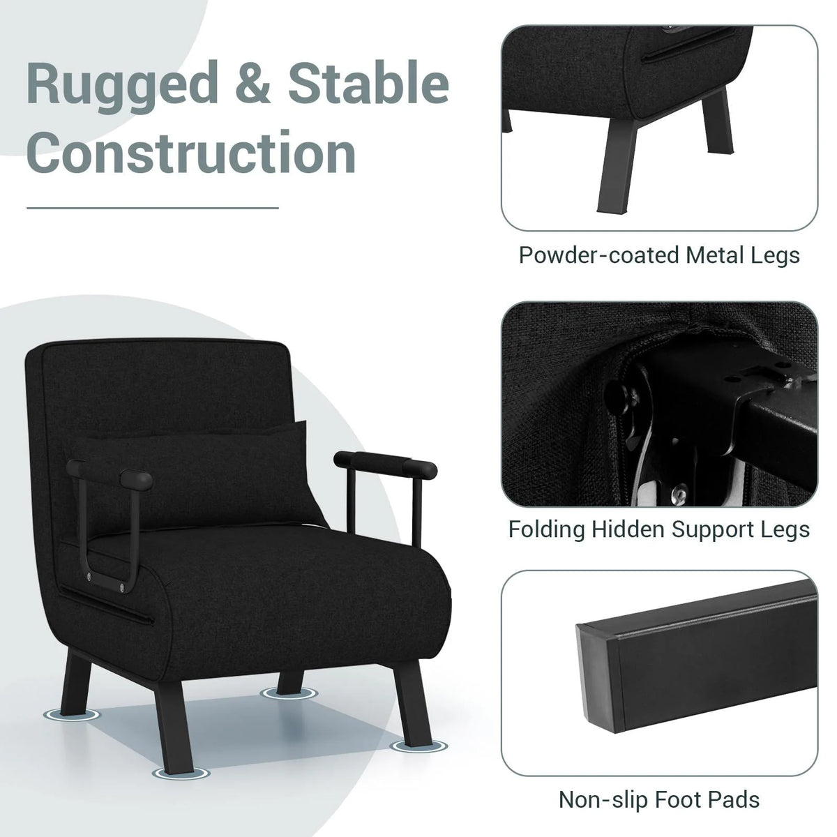 Giantex Convertible Sofa Chair Bed, Leisure Recliner Sleeper w/ 6 Adjustable Position Backrest into Lounge Seat, Folding Sofa Bed w/High Elastic Sponge, Durable Steel, Ideal for Home, Office (Black)