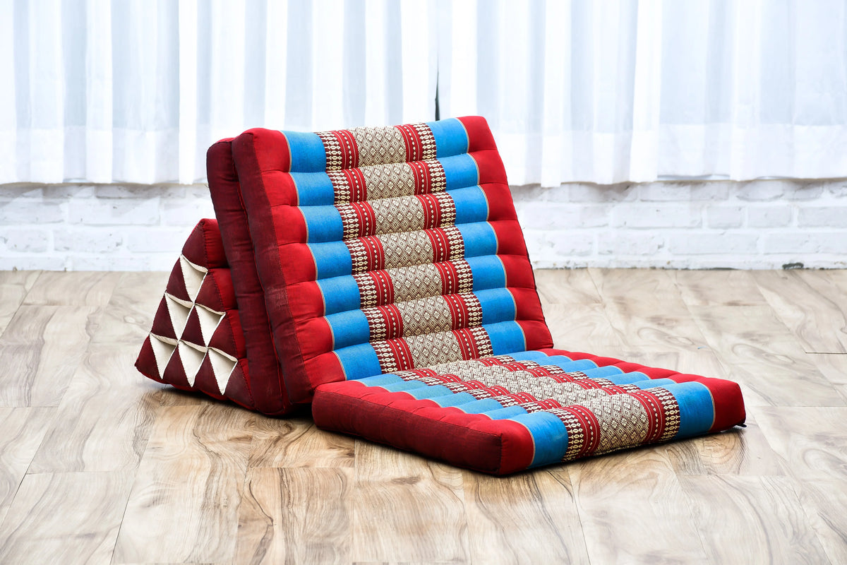 Leewadee - Comfortable Japanese Floor Mattress - Thai Floor Bed With Triangle Cushion - Futon Mattress - Thai Massage Mat,  Blue Red, Kapok Filling