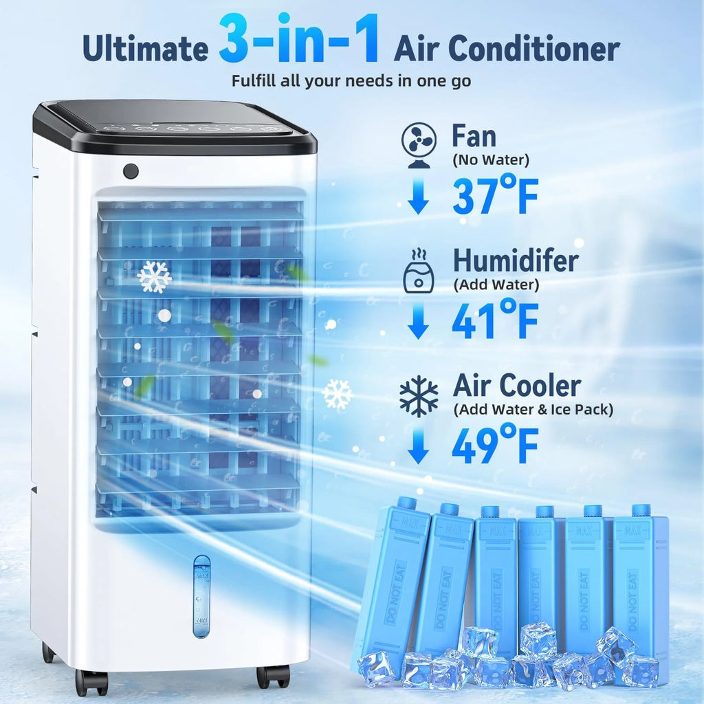 Portable Windowless Air Conditioner with 6 Ice Packs, 12H Auto-Off Smart Timer, 26Ft Remote Control, Top-Fill Dual Tank Evaporative Cooler, 3-Speed Cooling & 70 Auto-Swing for Indoor Use