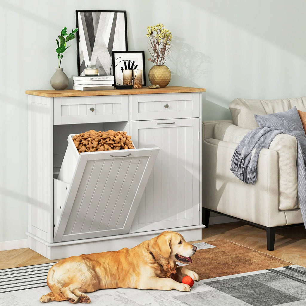Costway 15.5 Gallon Kitchen Tilt Out Trash Cabinet Rubber Wood Tabletop 2 Drawers Shelf Gray