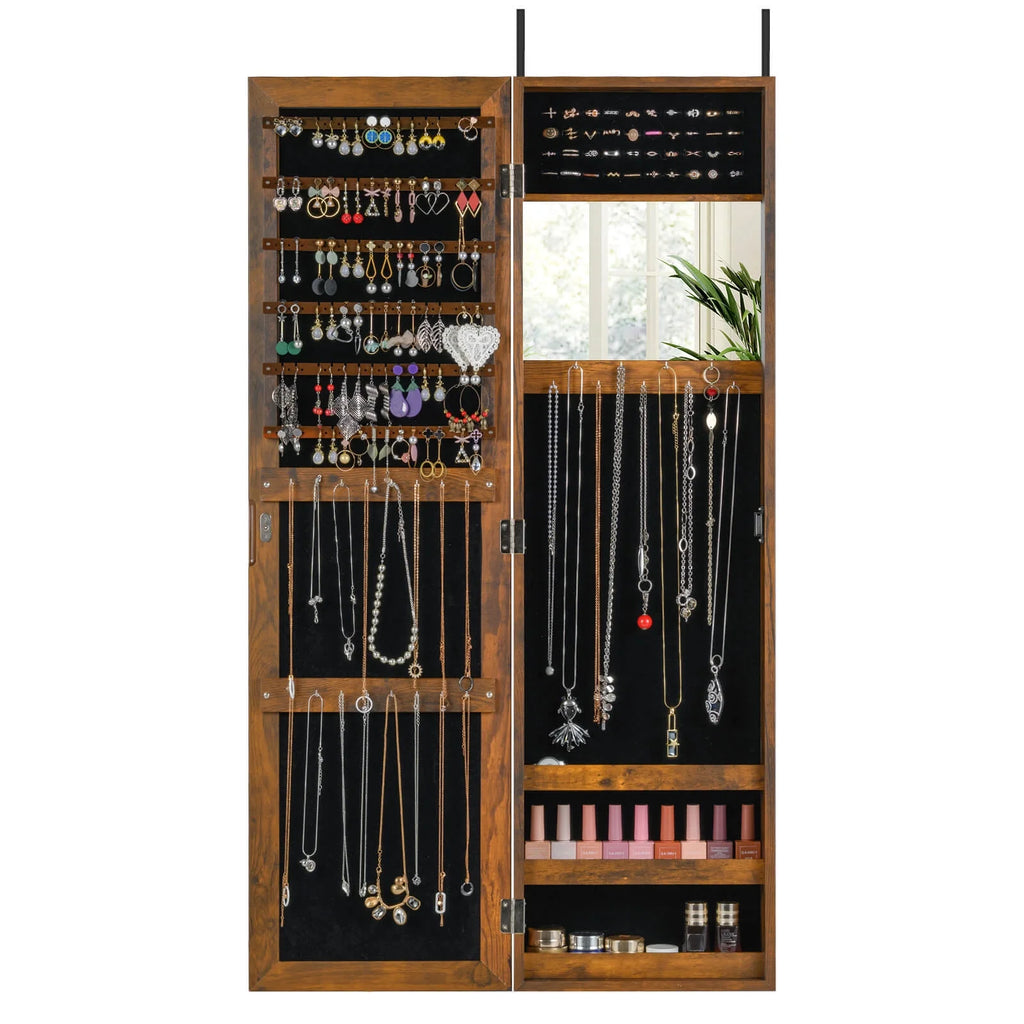 Costway Wall Door Mounted Mirrored Jewelry Cabinet Storage Organizer-Black