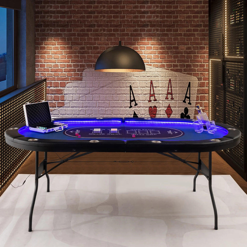 Costway Foldable, USB Ports, Led Lights 10 Player Poker Table, Blue/Black