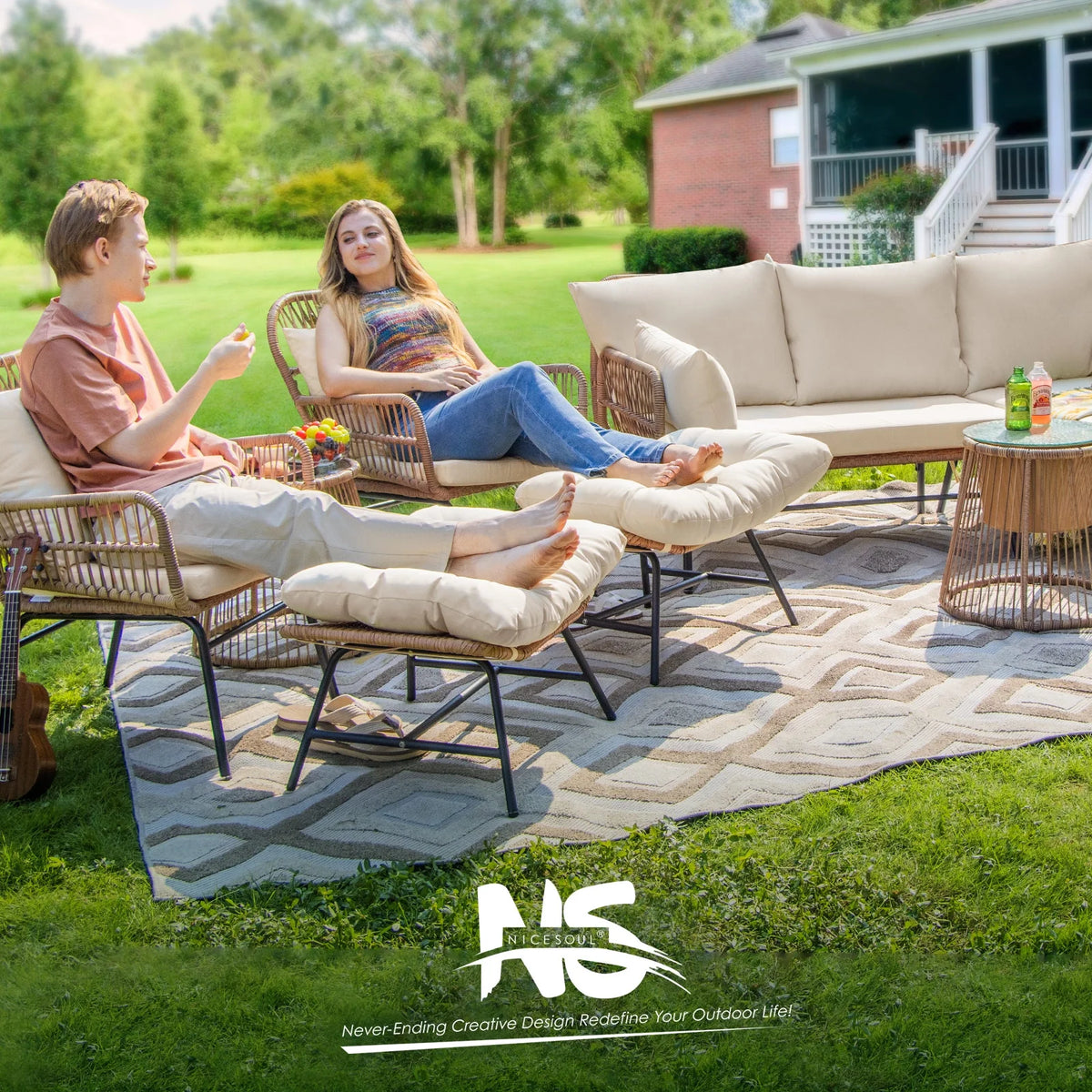RADIATA 6-Piece Boho Patio Furniture Set, Outdoor Wicker Sectional Sofa Conversation Set with Ice Bucket & Coffee Table, 500lbs Capacity, Beige